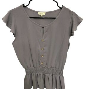 Love J Purple Smocked Waist‎ Ruffle Sleeve Top